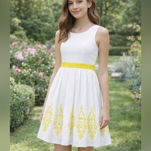 Lands’ End Girls Plus Broderie Anglaise Woven Dress in White and Yellow 16+NWT